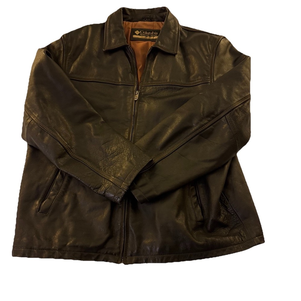 Columbia 100% Leather Jacket Mens XL Brown Full Zip Quilted Lined Vintage Style